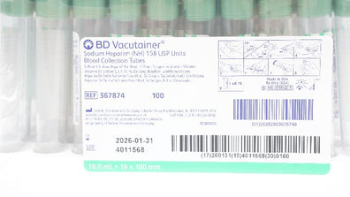 BD 367874 Vacutainer NH Blood Collection Tubes 10.0mL 16 x 100mm - Box of 100